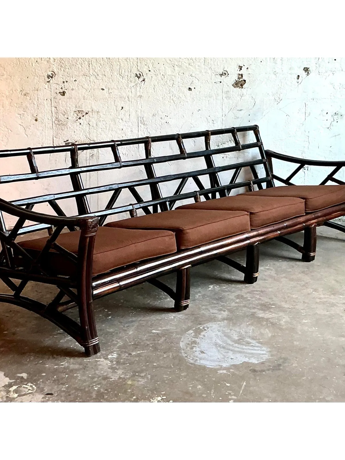 Vintage Boho Slope Arm Rattan Sofa After Ficks Reed — additional photo 2