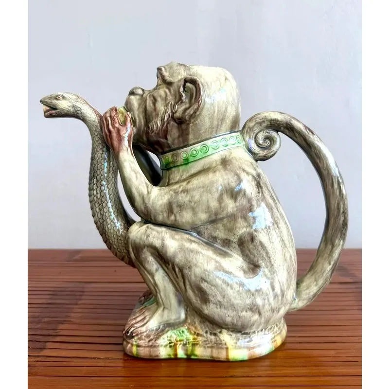 Late 20th Century Boho Ceramic Majolica-Style Monkey & Cobra Pitcher — additional photo 2