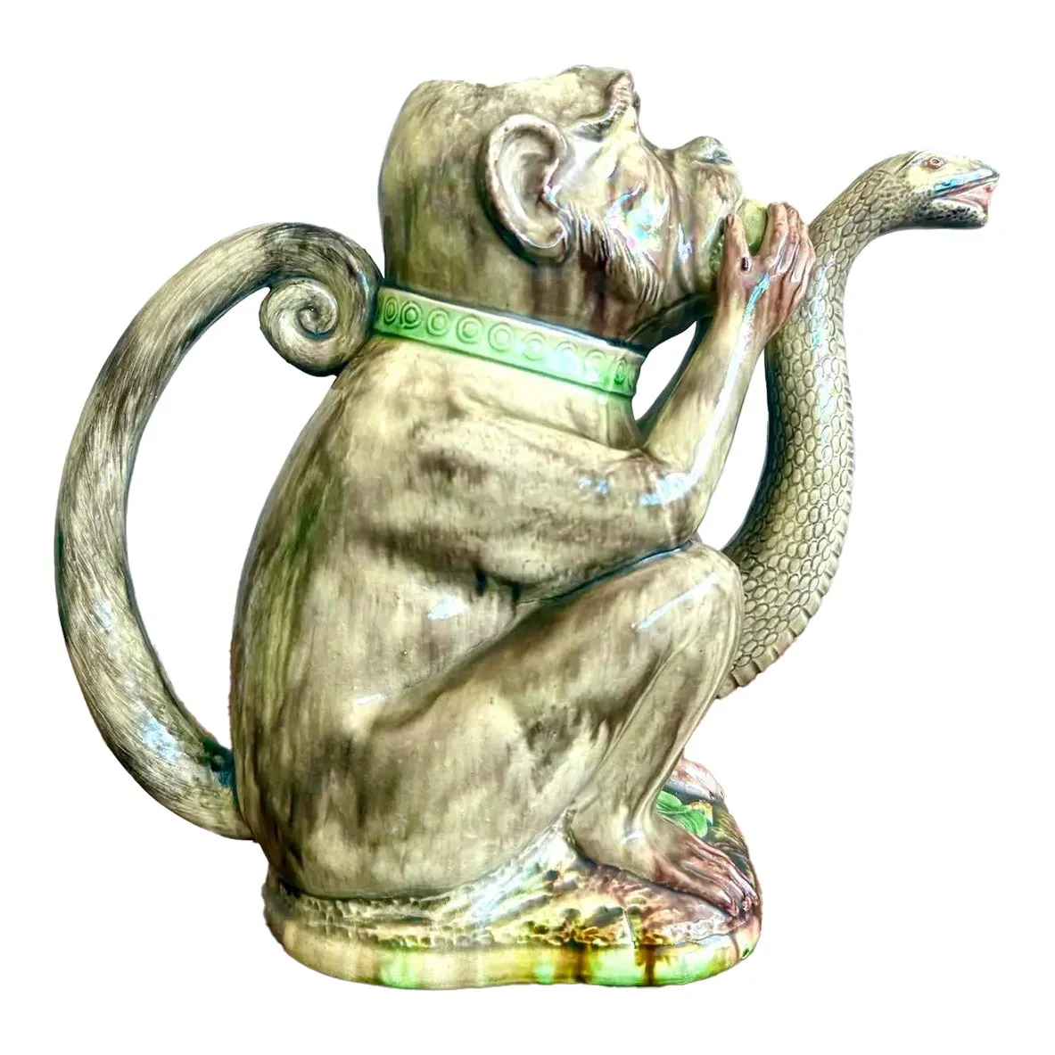 Late 20th Century Boho Ceramic Majolica-Style Monkey & Cobra Pitcher — additional photo 1