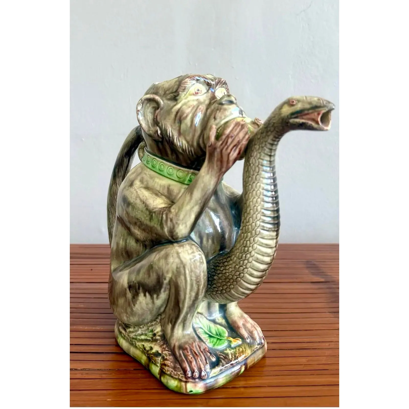 Late 20th Century Boho Ceramic Majolica-Style Monkey & Cobra Pitcher — additional photo 7