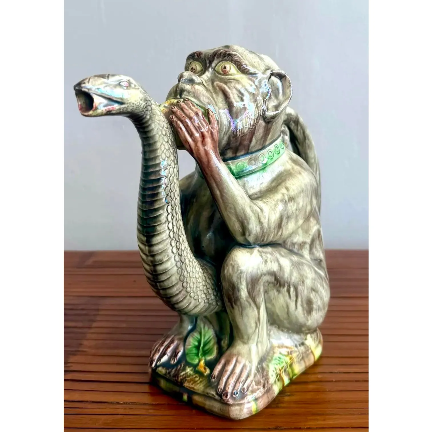 Late 20th Century Boho Ceramic Majolica-Style Monkey & Cobra Pitcher — additional photo 4