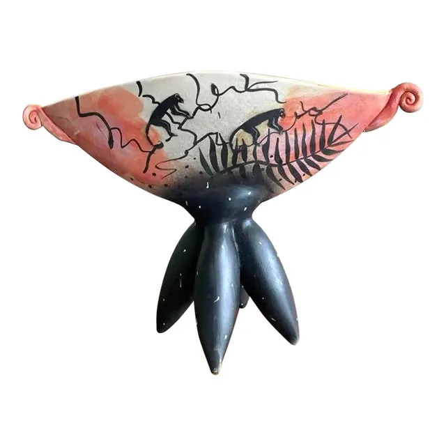 Late 20th Century Boho Hand-Painted Abstract Pedestal Bowl — additional photo 1