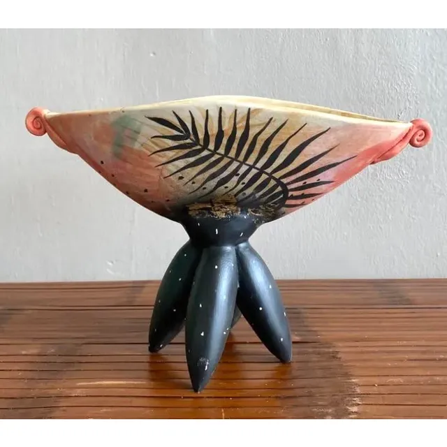 Late 20th Century Boho Hand-Painted Abstract Pedestal Bowl — additional photo 2