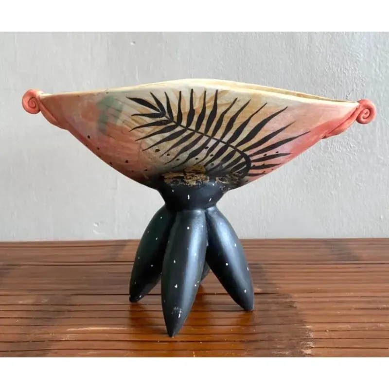 Late 20th Century Boho Hand-Painted Abstract Pedestal Bowl — additional photo 4