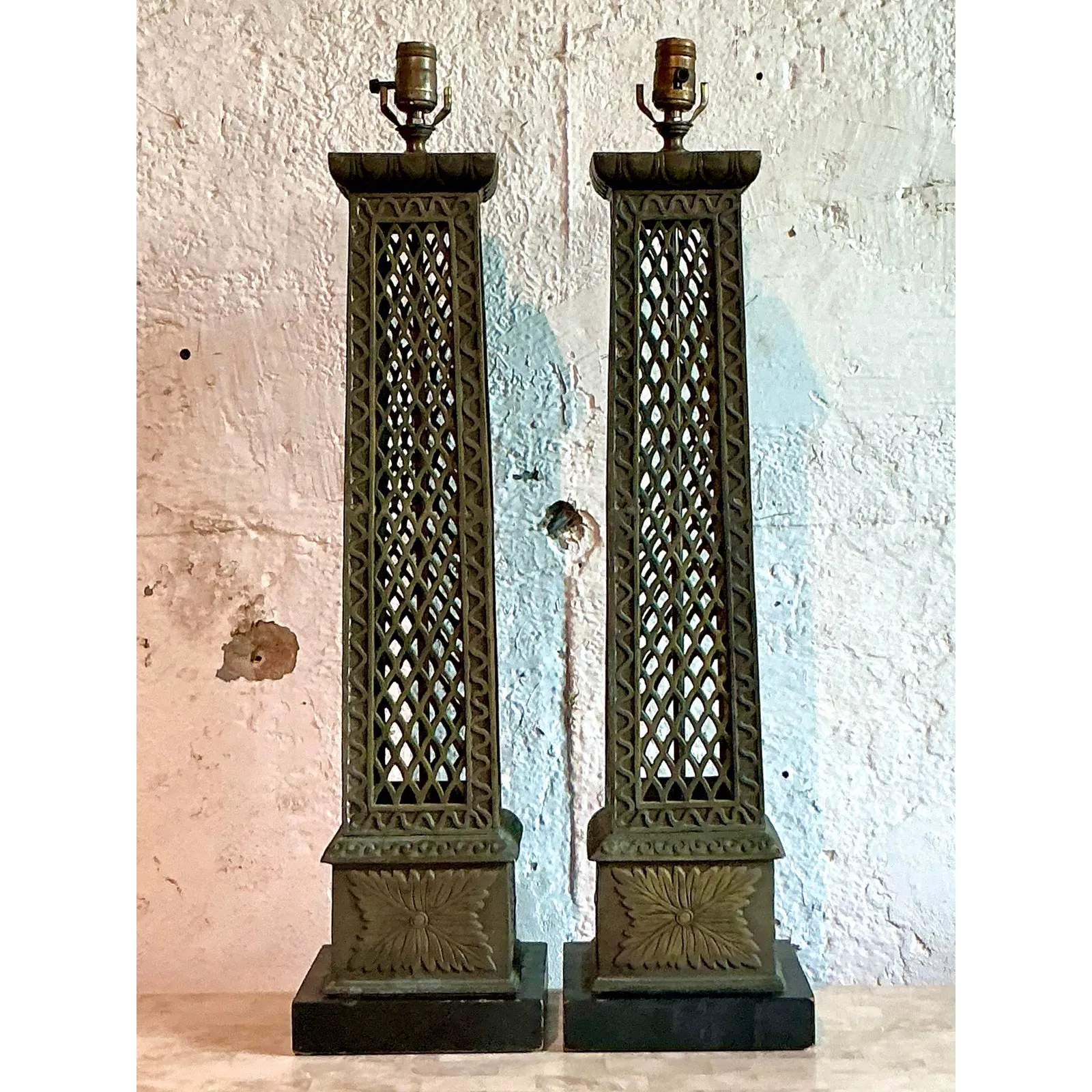 Vintage Regency Bronze Trellis Lamps - A Pair — additional photo 3