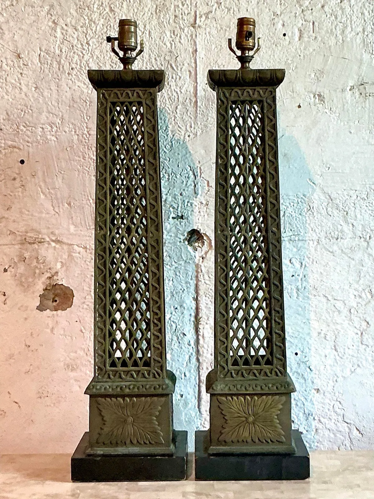 Vintage Regency Bronze Trellis Lamps - A Pair — additional photo 2