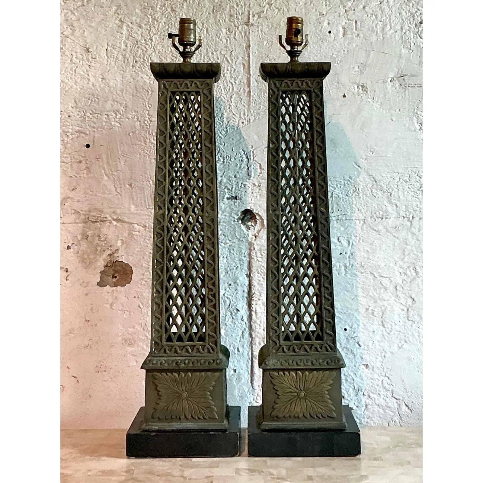 Vintage Regency Bronze Trellis Lamps - A Pair — additional photo 2