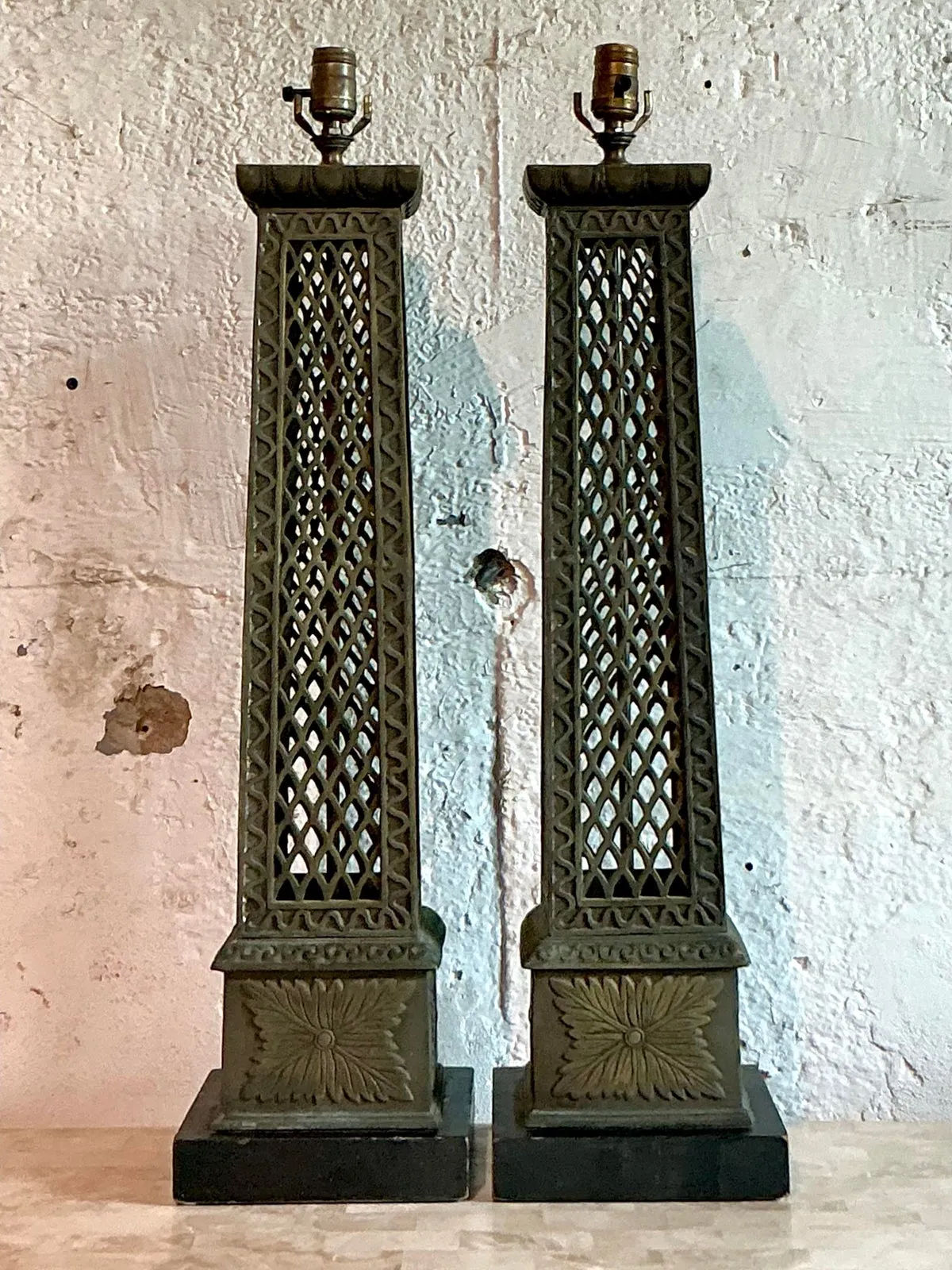 Vintage Regency Bronze Trellis Lamps - A Pair — additional photo 1