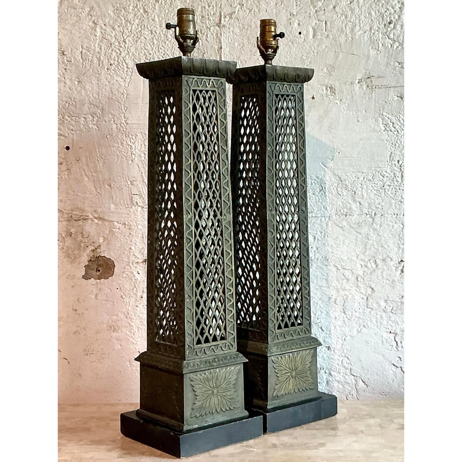 Vintage Regency Bronze Trellis Lamps - A Pair — additional photo 6