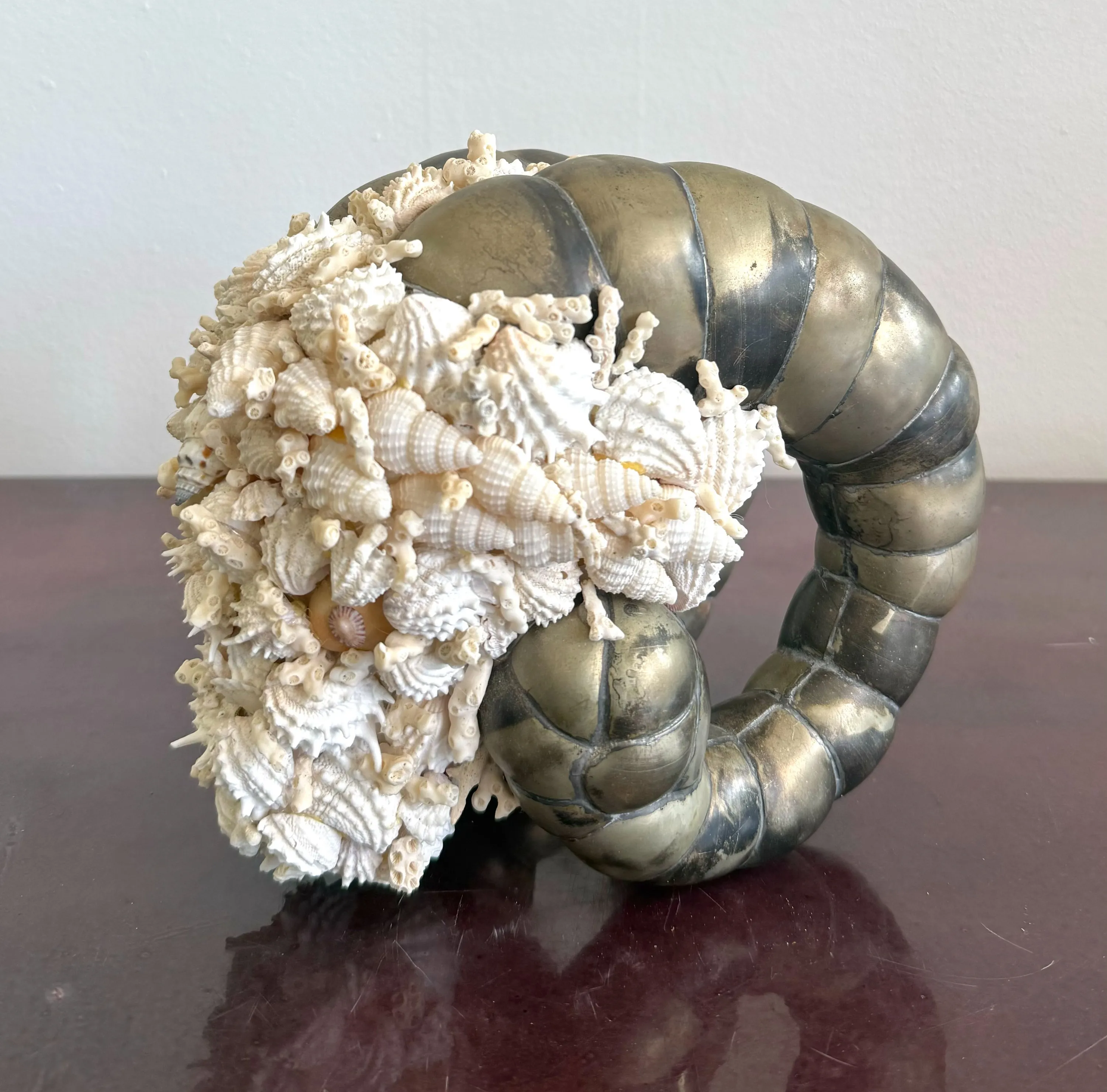 Vintage Coastal Shell Encrusted Ram Head Sculpture — additional photo 1