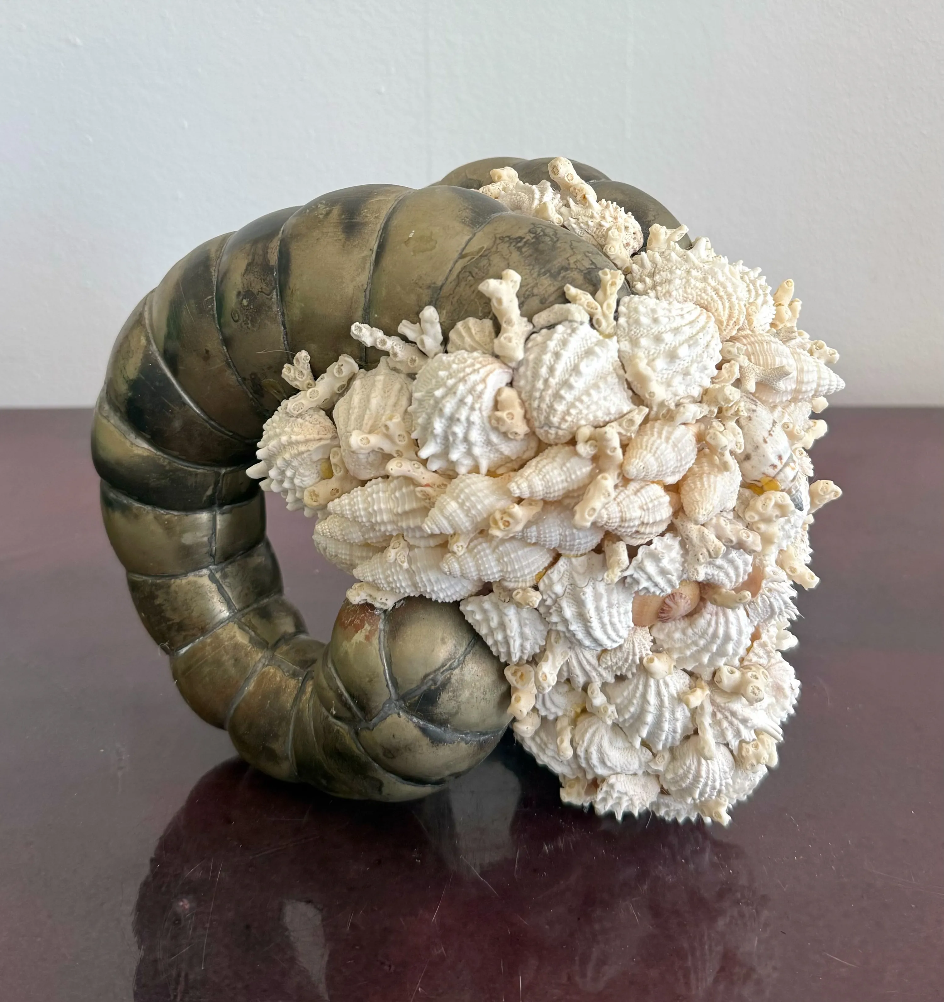 Vintage Coastal Shell Encrusted Ram Head Sculpture — additional photo 2