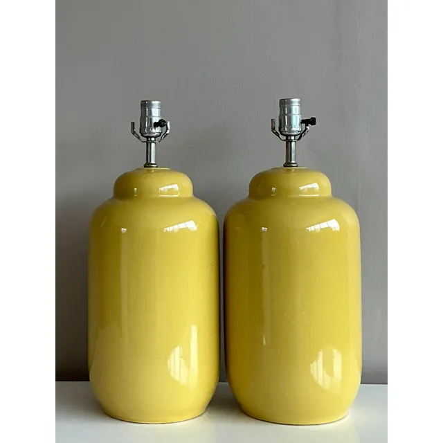 Vintage Boho Glazed Ceramic Yellow Lamps - A Pair — additional photo 2