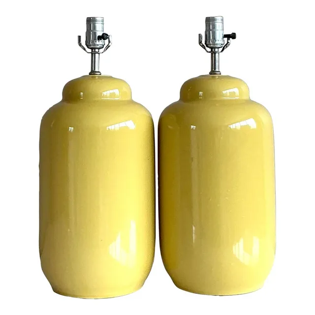 Vintage Boho Glazed Ceramic Yellow Lamps - A Pair — additional photo 1