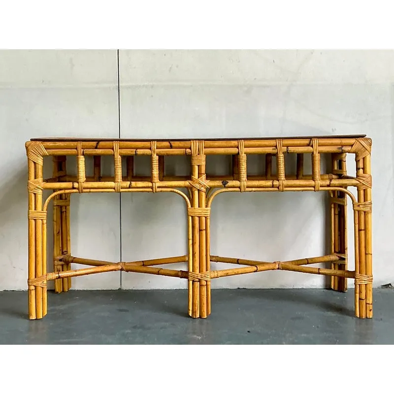 Vintage Boho Bamboo and Burlwood Console Table — additional photo 4