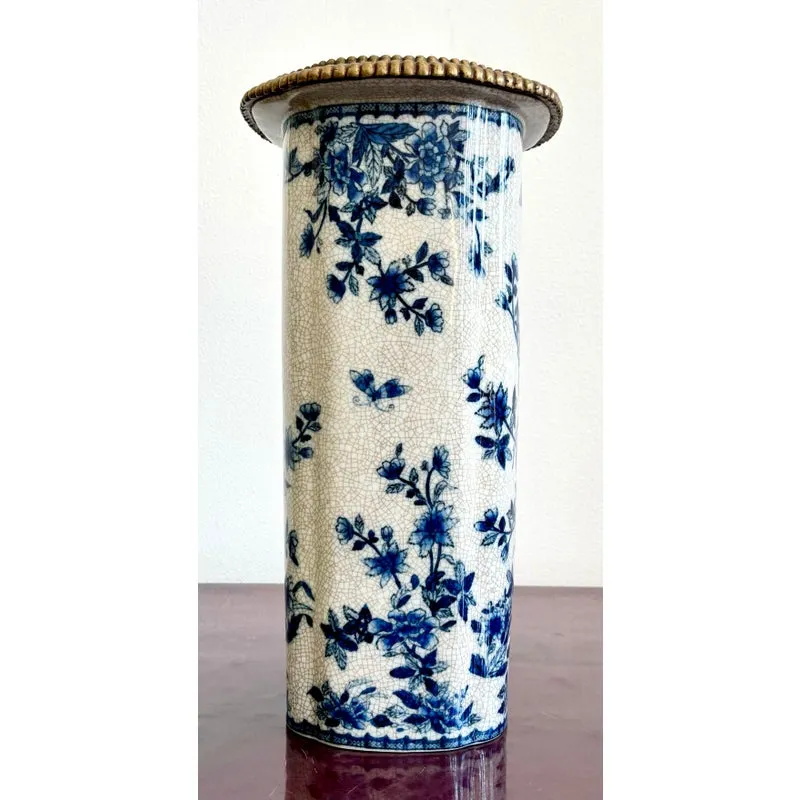 Vintage Hand Painted Blue and White Vase With Burnished Brass Detailing — additional photo 4