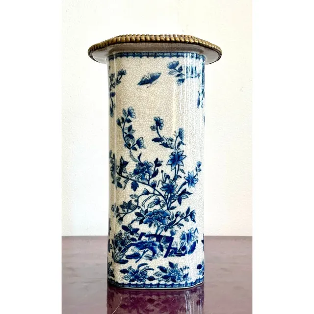Vintage Hand Painted Blue and White Vase With Burnished Brass Detailing — additional photo 3