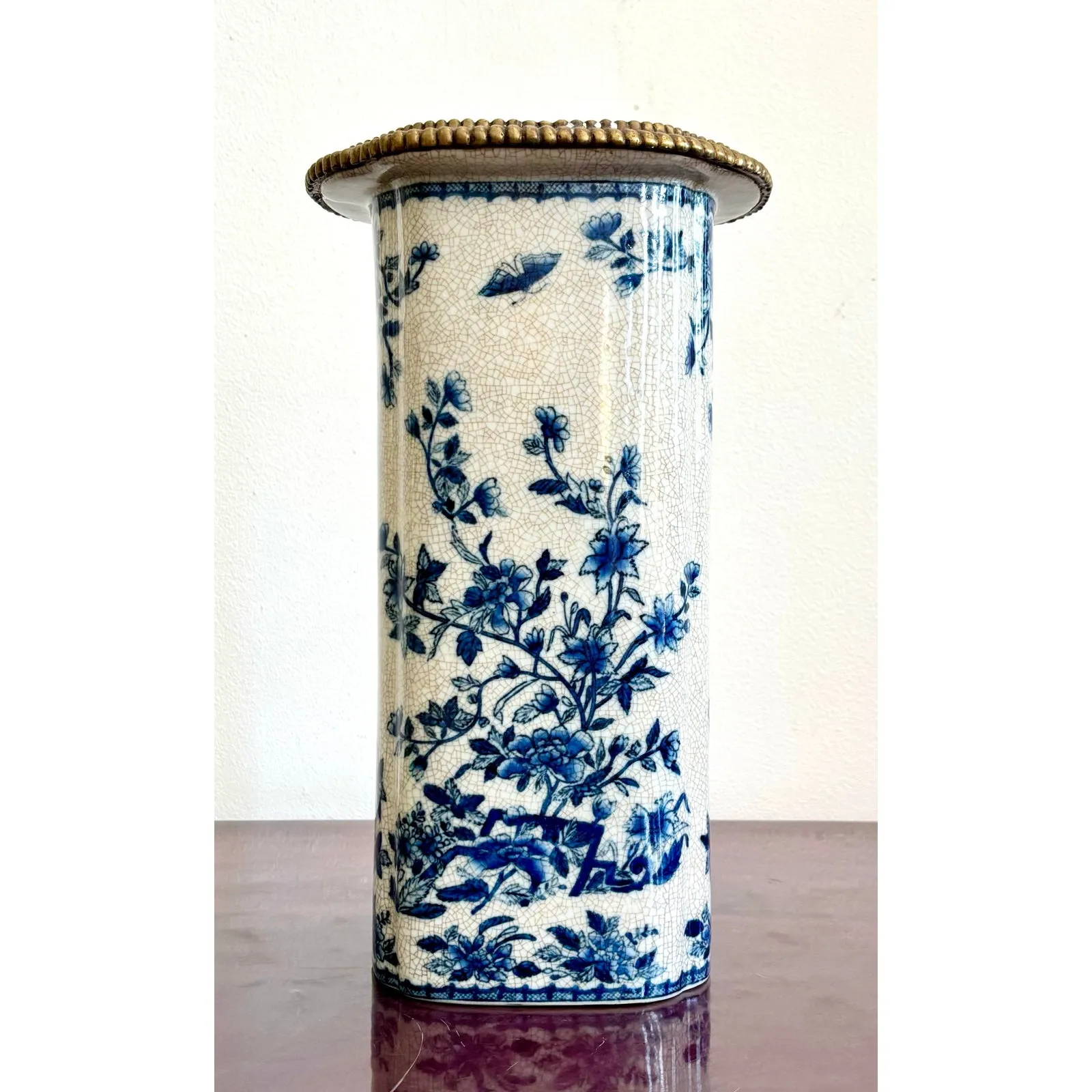 Vintage Hand Painted Blue and White Vase With Burnished Brass Detailing — additional photo 2