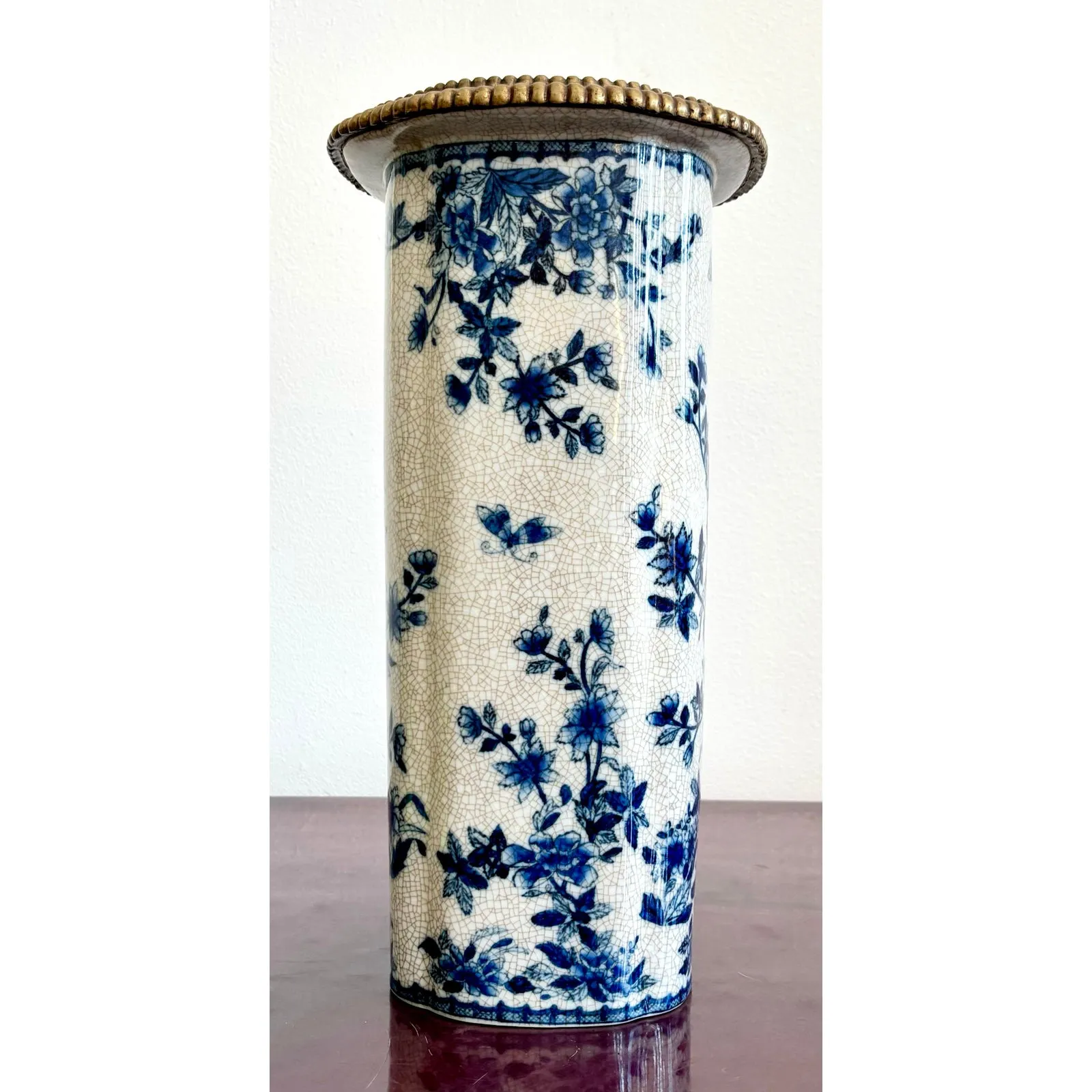 Vintage Hand Painted Blue and White Vase With Burnished Brass Detailing — additional photo 1