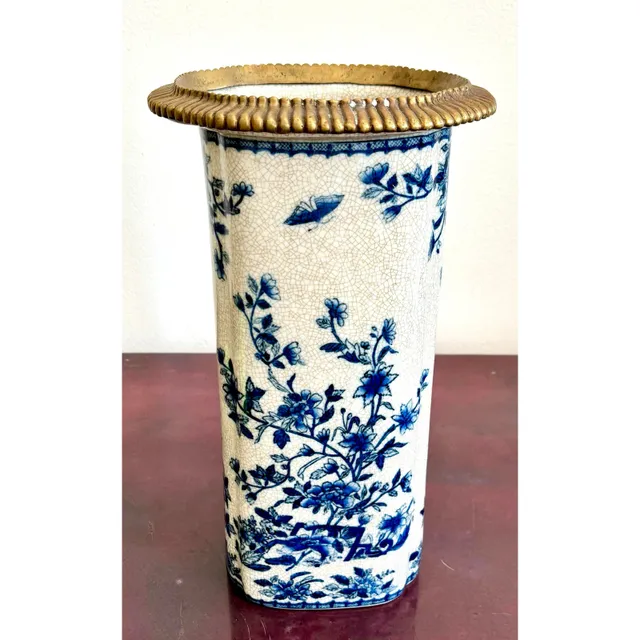 Vintage Hand Painted Blue and White Vase With Burnished Brass Detailing — additional photo 8