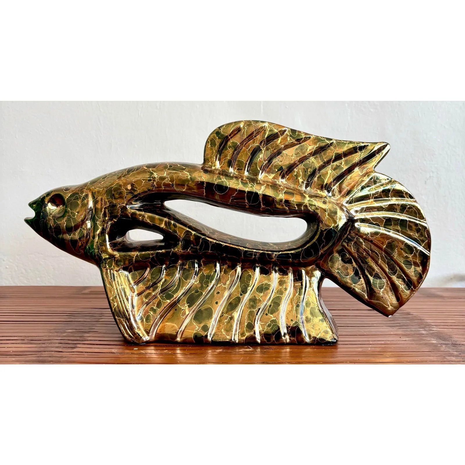Vintage Boho Metallic Glazed Ceramic Fish — additional photo 2