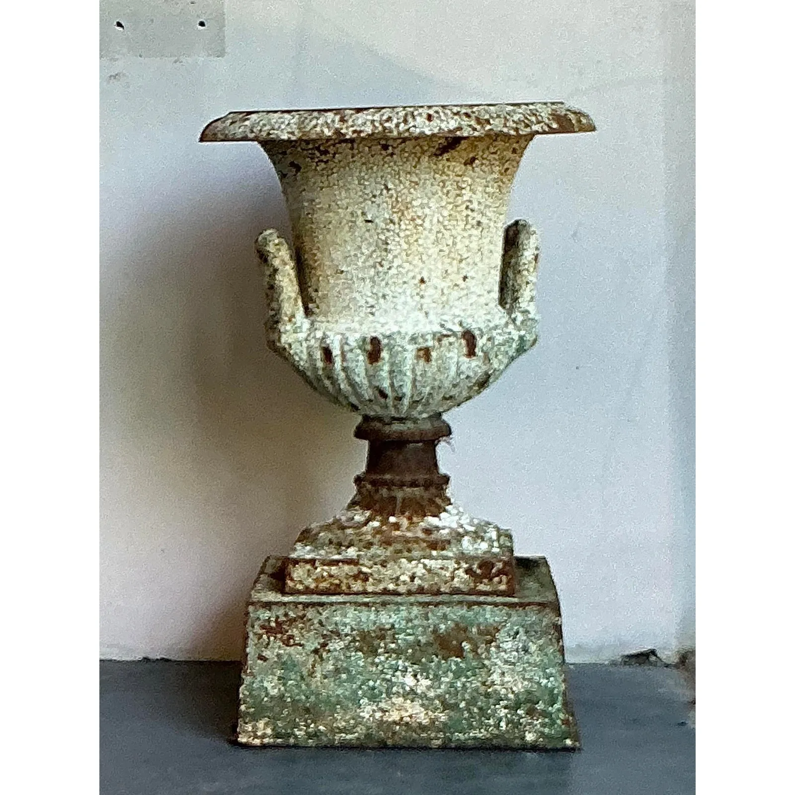 Vintage Regency Distressed Wrought Iron Urn