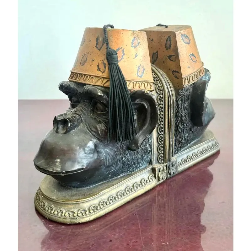 Late 20th Century Monkey Head Bookend With Fez Hats- a Pair — additional photo 2