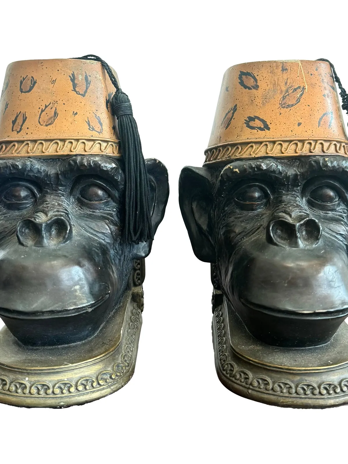 Late 20th Century Monkey Head Bookend With Fez Hats- a Pair