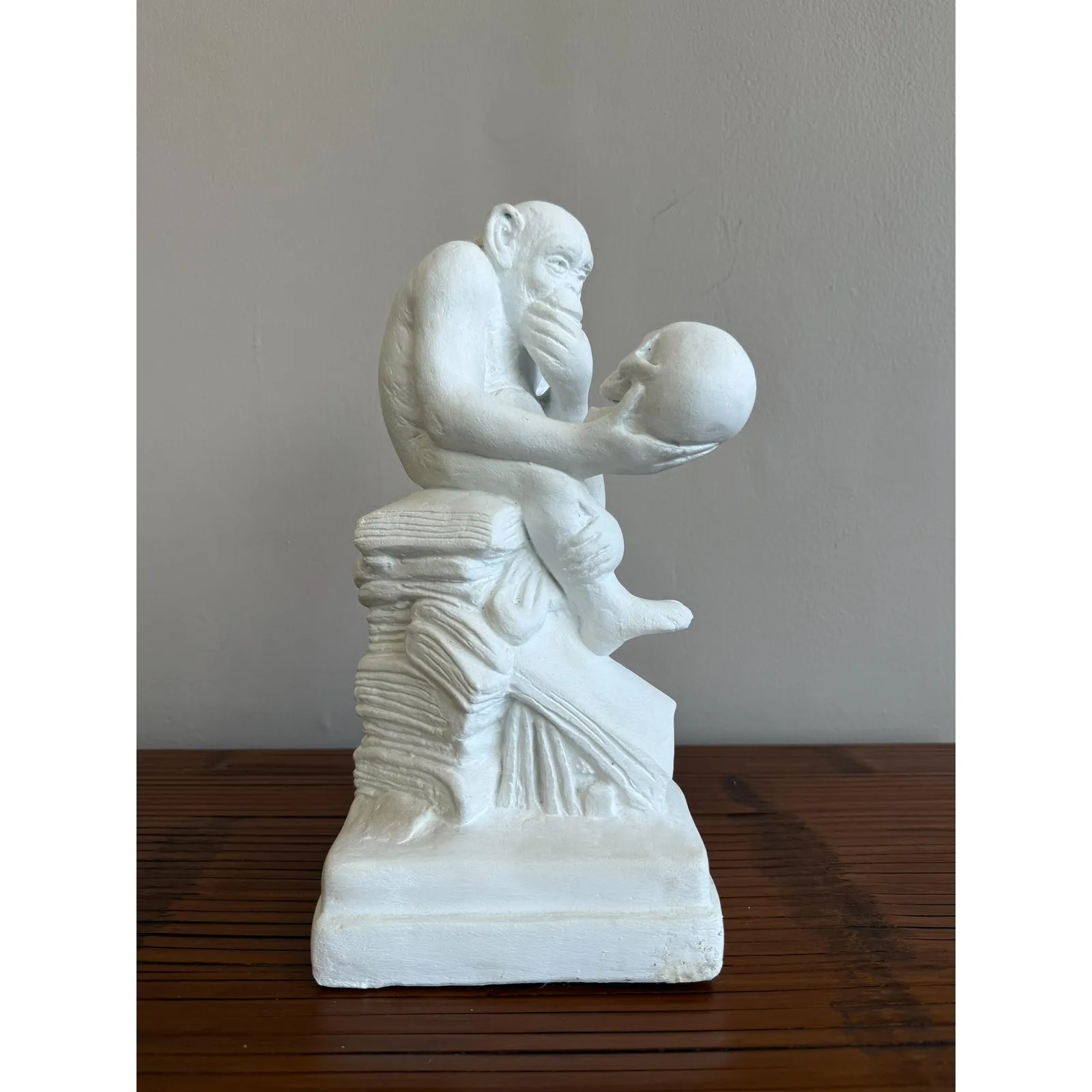 Vintage White Plaster Monkey Philosopher Statue — additional photo 2