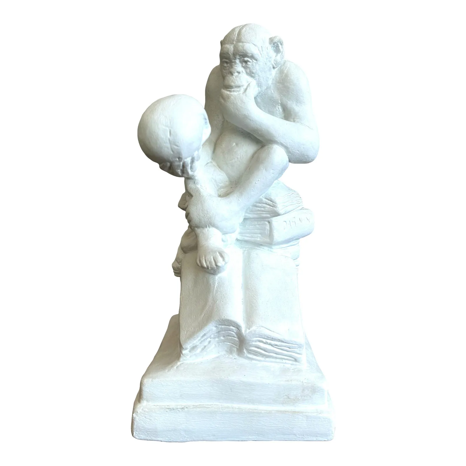 Vintage White Plaster Monkey Philosopher Statue — additional photo 1