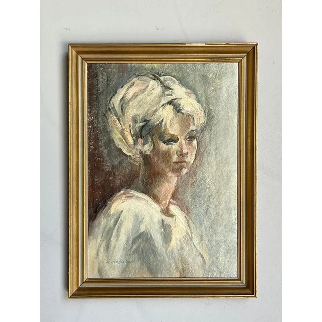 Vintage Boho Original Oil Portrait on Canvas - Wood, 18W x 24.5H — additional photo 2