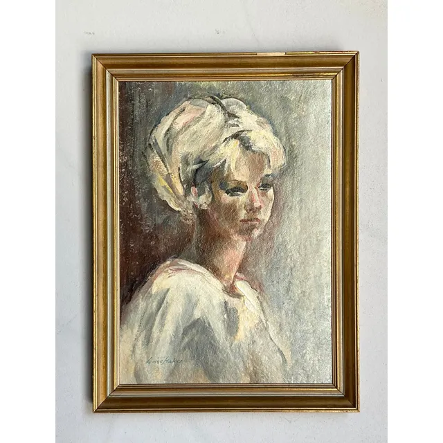 Vintage Boho Original Oil Portrait on Canvas - Wood, 18W x 24.5H — additional photo 4
