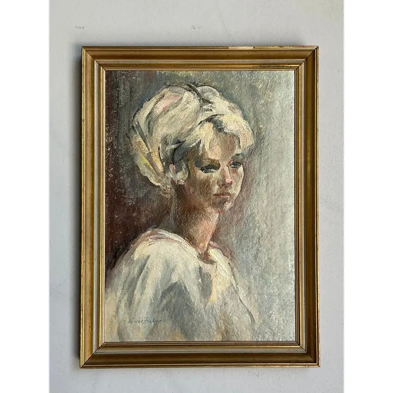 Vintage Boho Original Oil Portrait on Canvas - Wood, 18W x 24.5H — additional photo 5