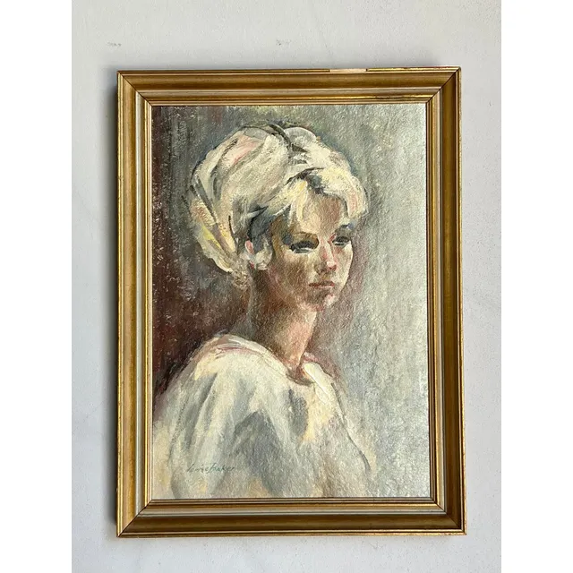 Vintage Boho Original Oil Portrait on Canvas - Wood, 18W x 24.5H — additional photo 6