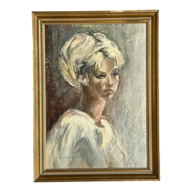 Vintage Boho Original Oil Portrait on Canvas - Wood, 18W x 24.5H — additional photo 1