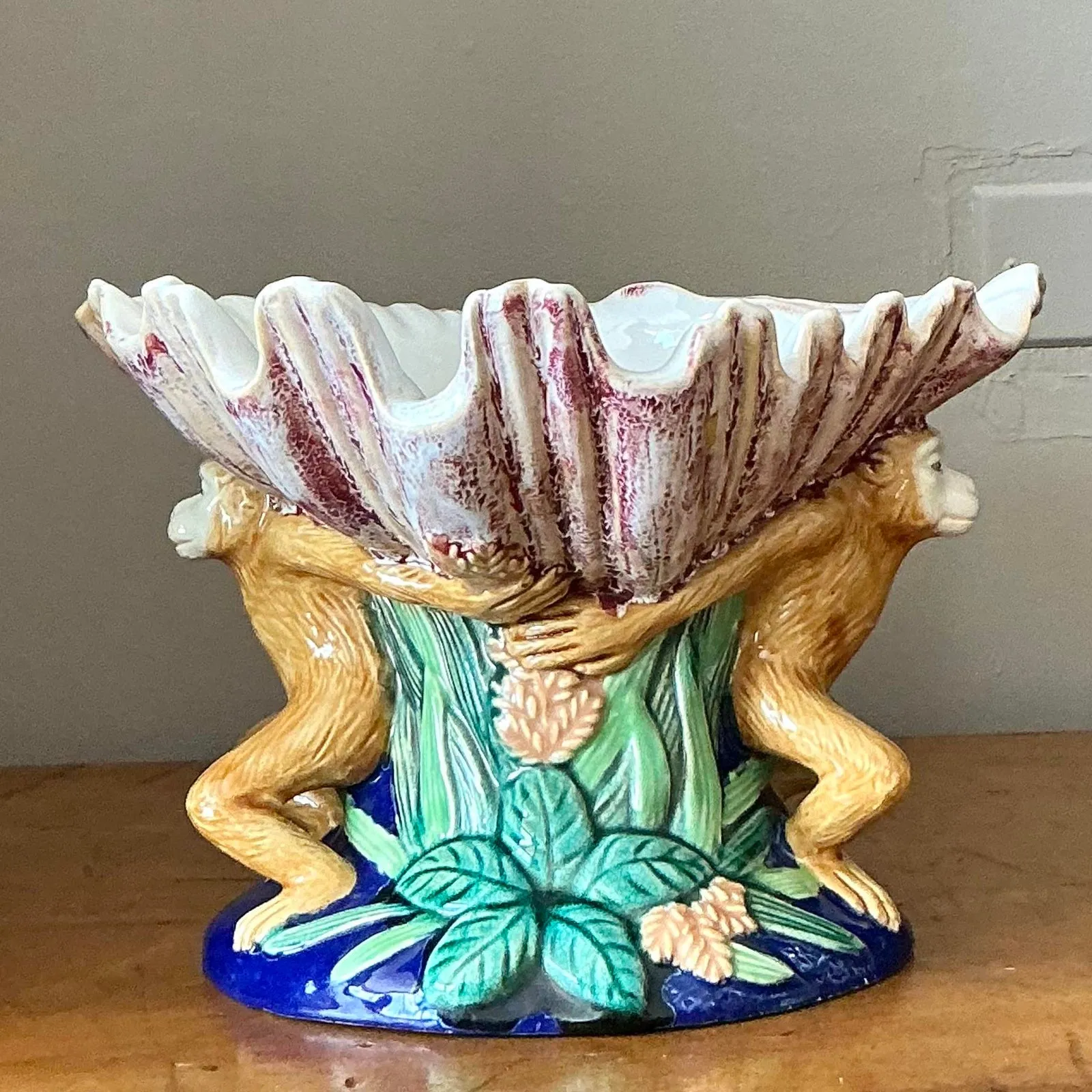 Vintage Coastal Glazed Ceramic Monkey Centerpiece Bowl