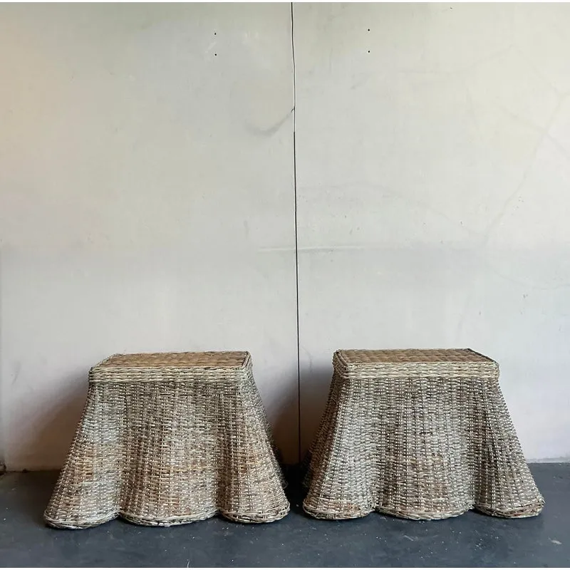 Vintage Coastal Woven Rattan Draped Side Tables - A Pair — additional photo 3