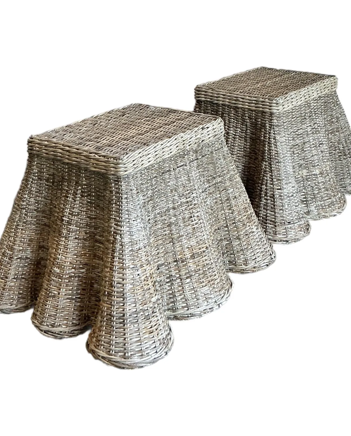 Vintage Coastal Woven Rattan Draped Side Tables - A Pair