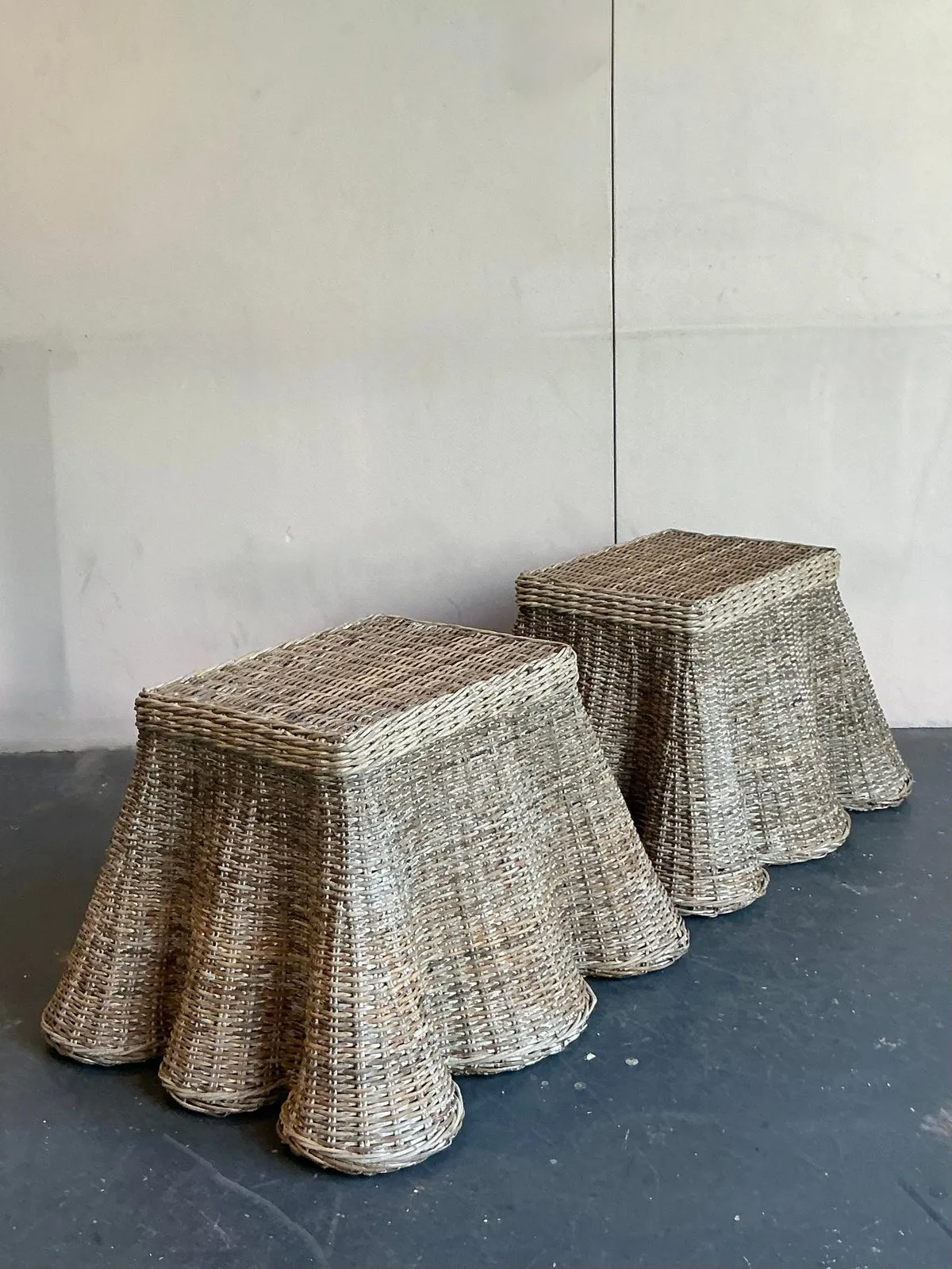 Vintage Coastal Woven Rattan Draped Side Tables - A Pair — additional photo 1