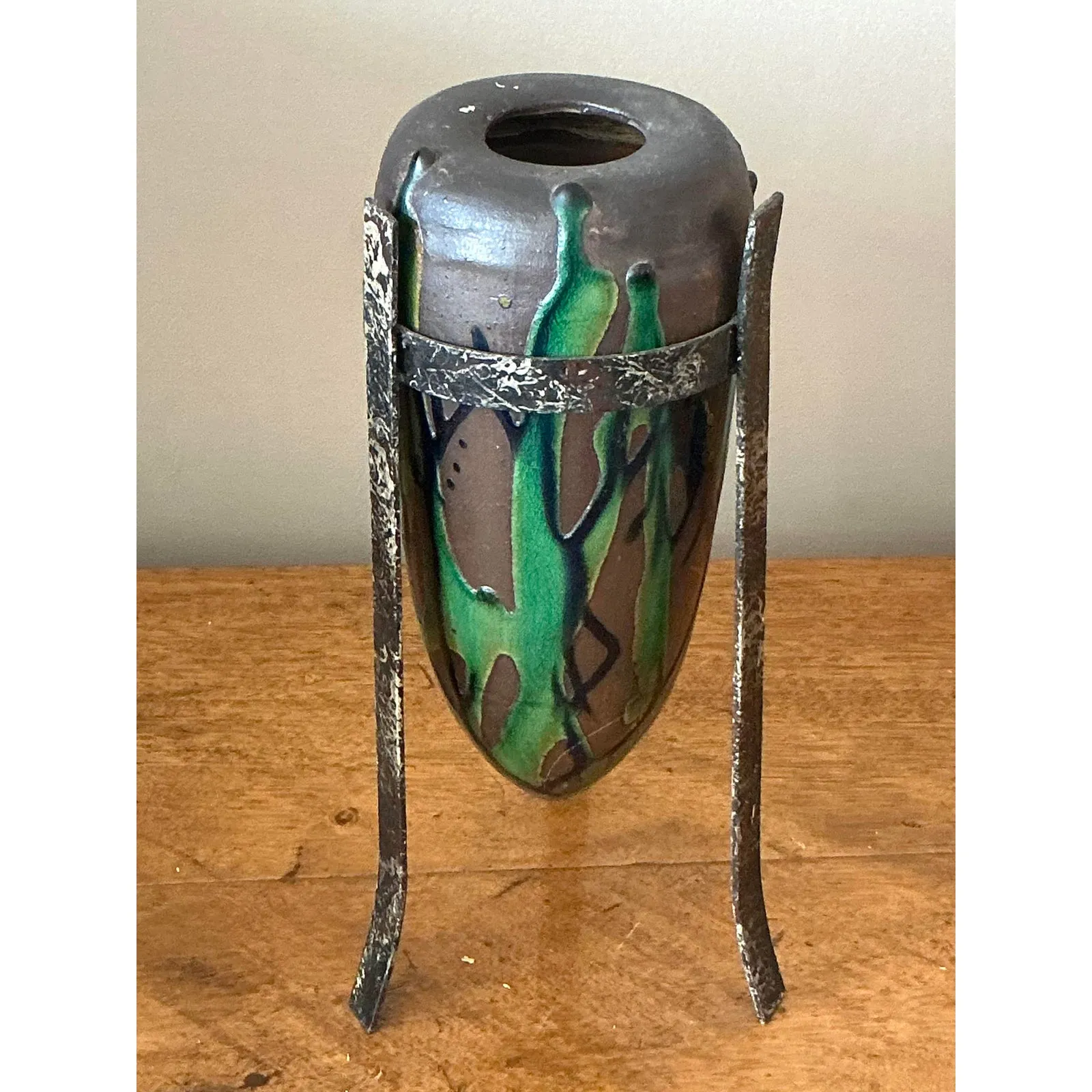 Vintage Boho Drip Glaze Vase in Stand — additional photo 4