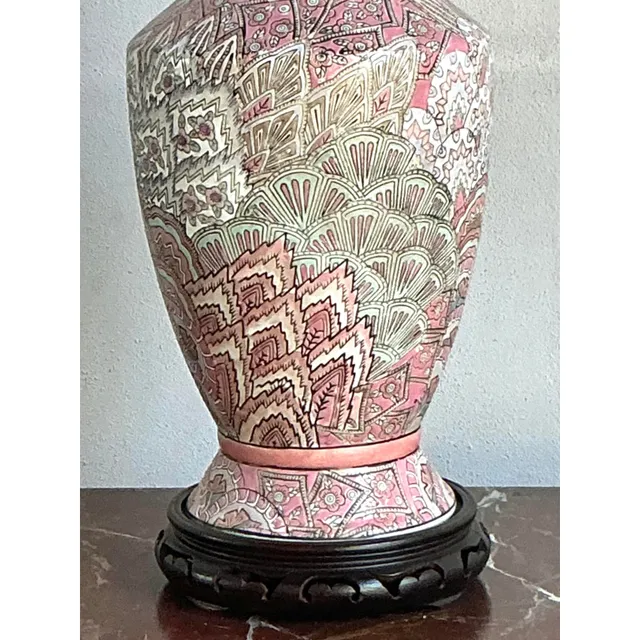 Vintage Regency Glazed Ceramic Peacock Feathers Lamp — additional photo 6
