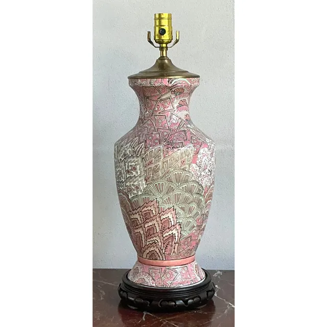 Vintage Regency Glazed Ceramic Peacock Feathers Lamp — additional photo 4
