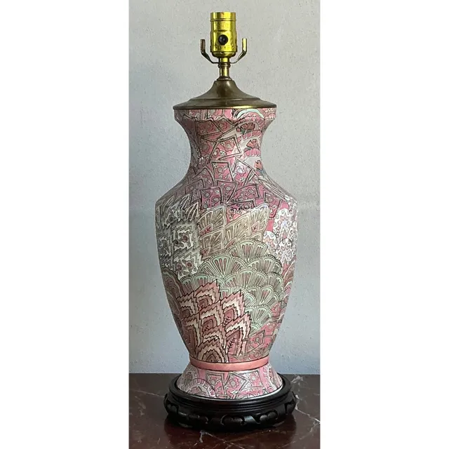 Vintage Regency Glazed Ceramic Peacock Feathers Lamp — additional photo 2