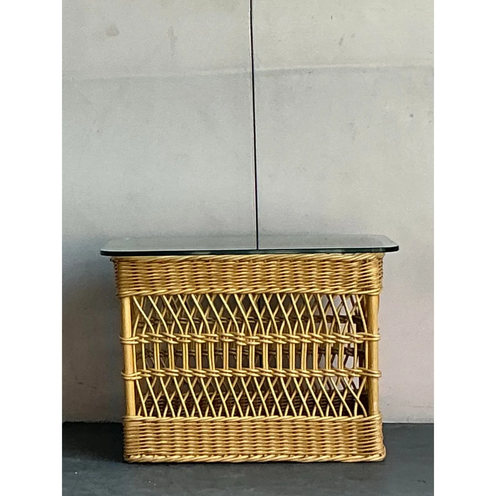 Vintage Boho Trellis Rattan Side Table — additional photo 2