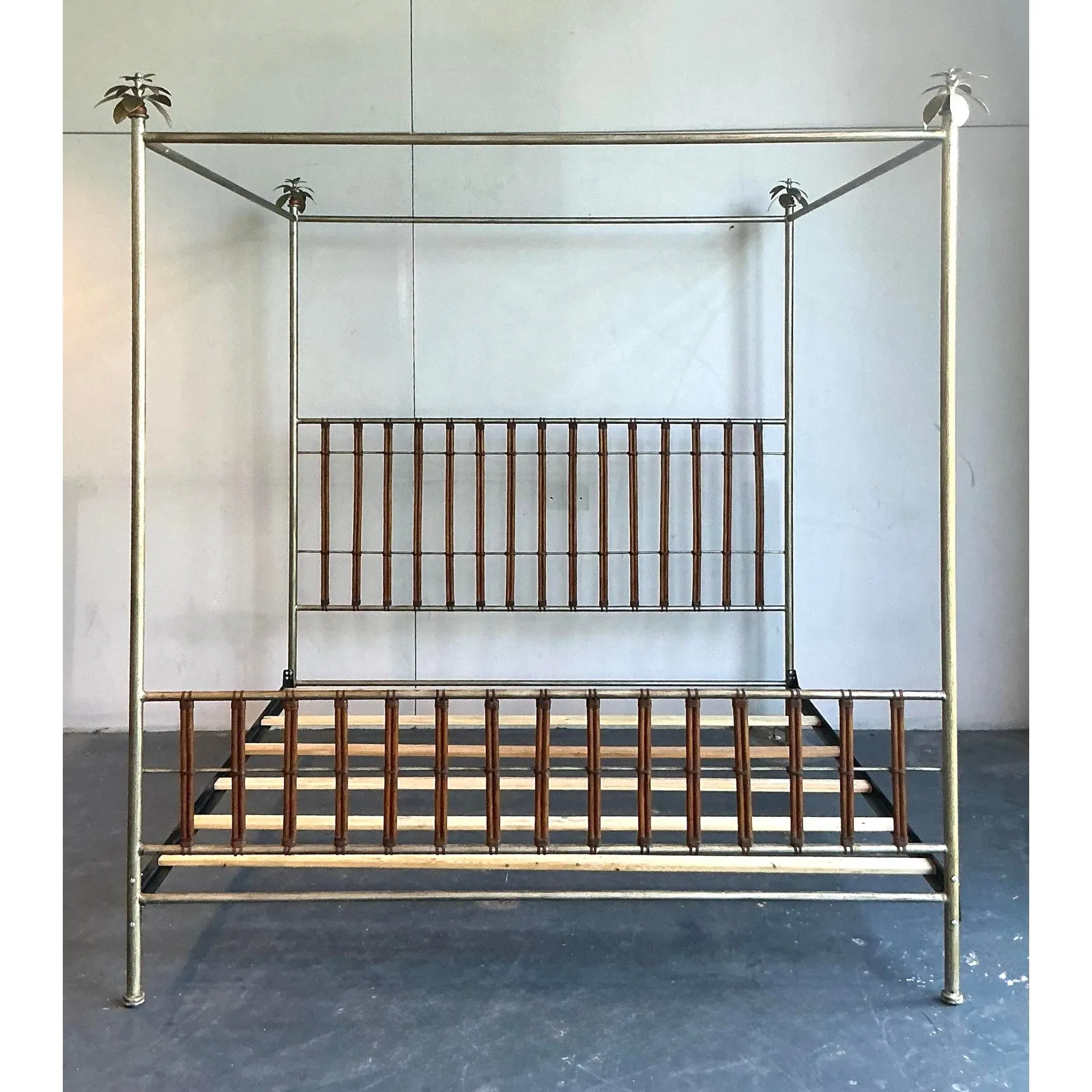 Vintage Regency Silver Leaf Palm Tree California King Canopy Bed — additional photo 4