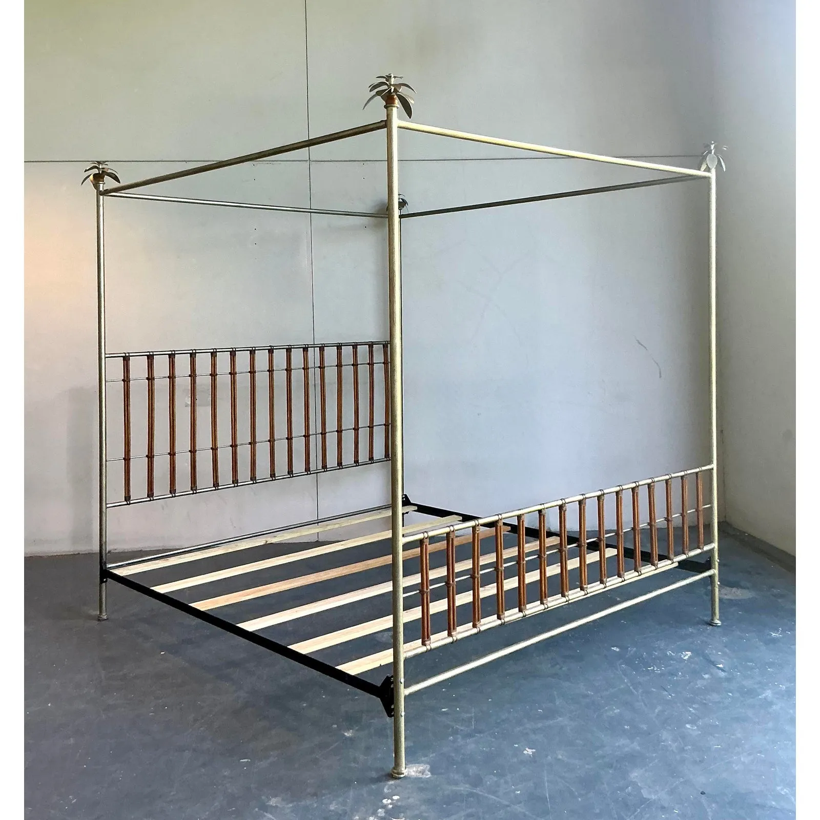 Vintage Regency Silver Leaf Palm Tree California King Canopy Bed — additional photo 8