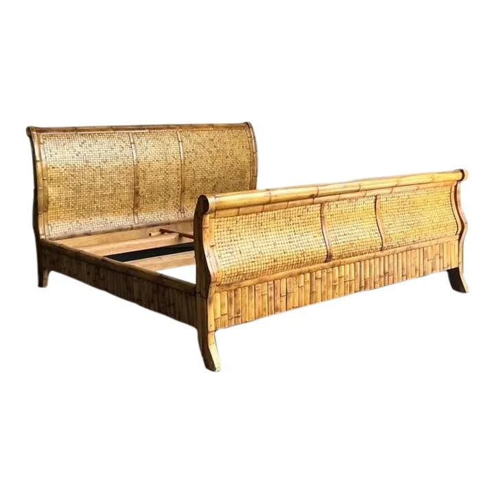 Vintage Boho Woven Rattan California King Sleigh Bed — additional photo 1