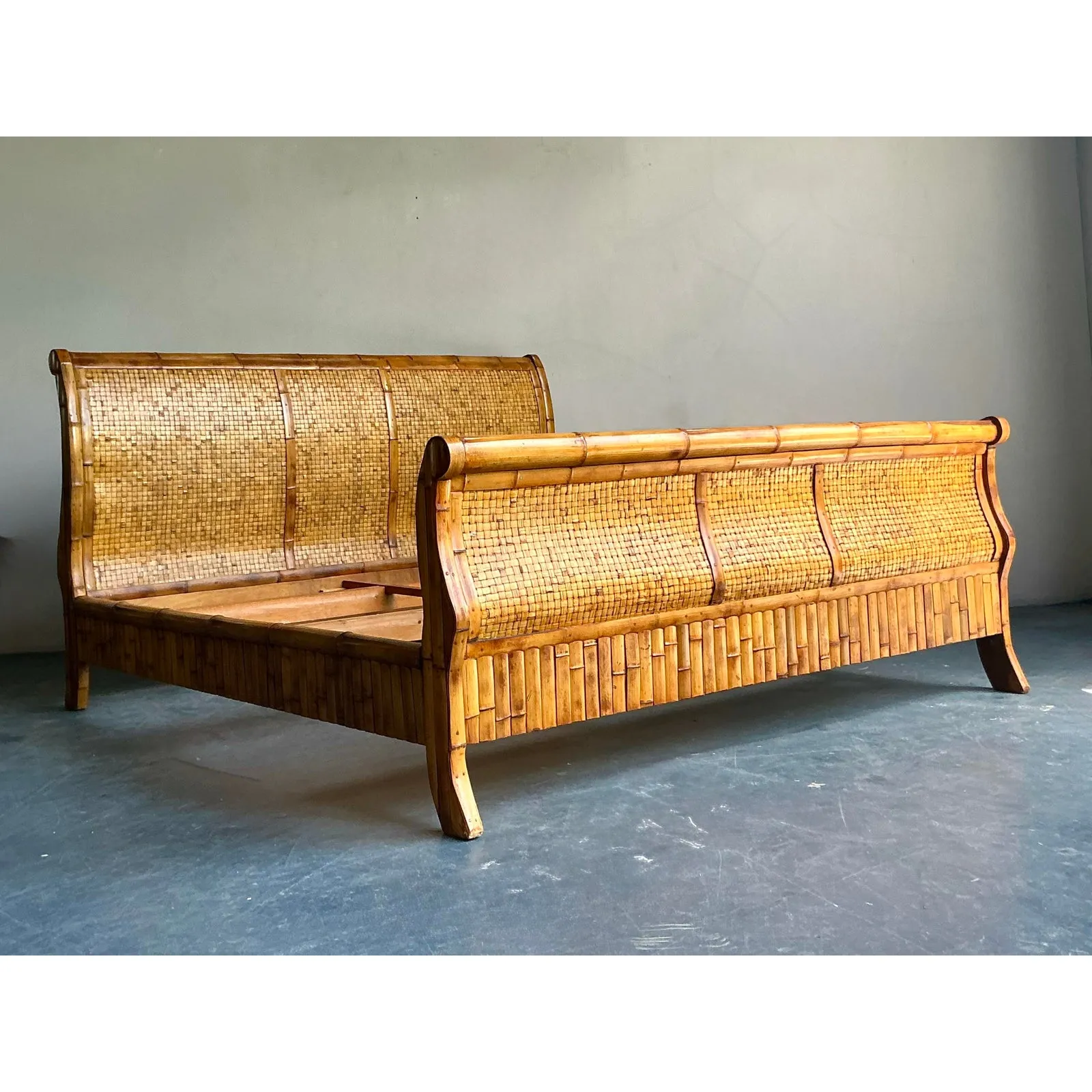 Vintage Boho Woven Rattan California King Sleigh Bed — additional photo 3