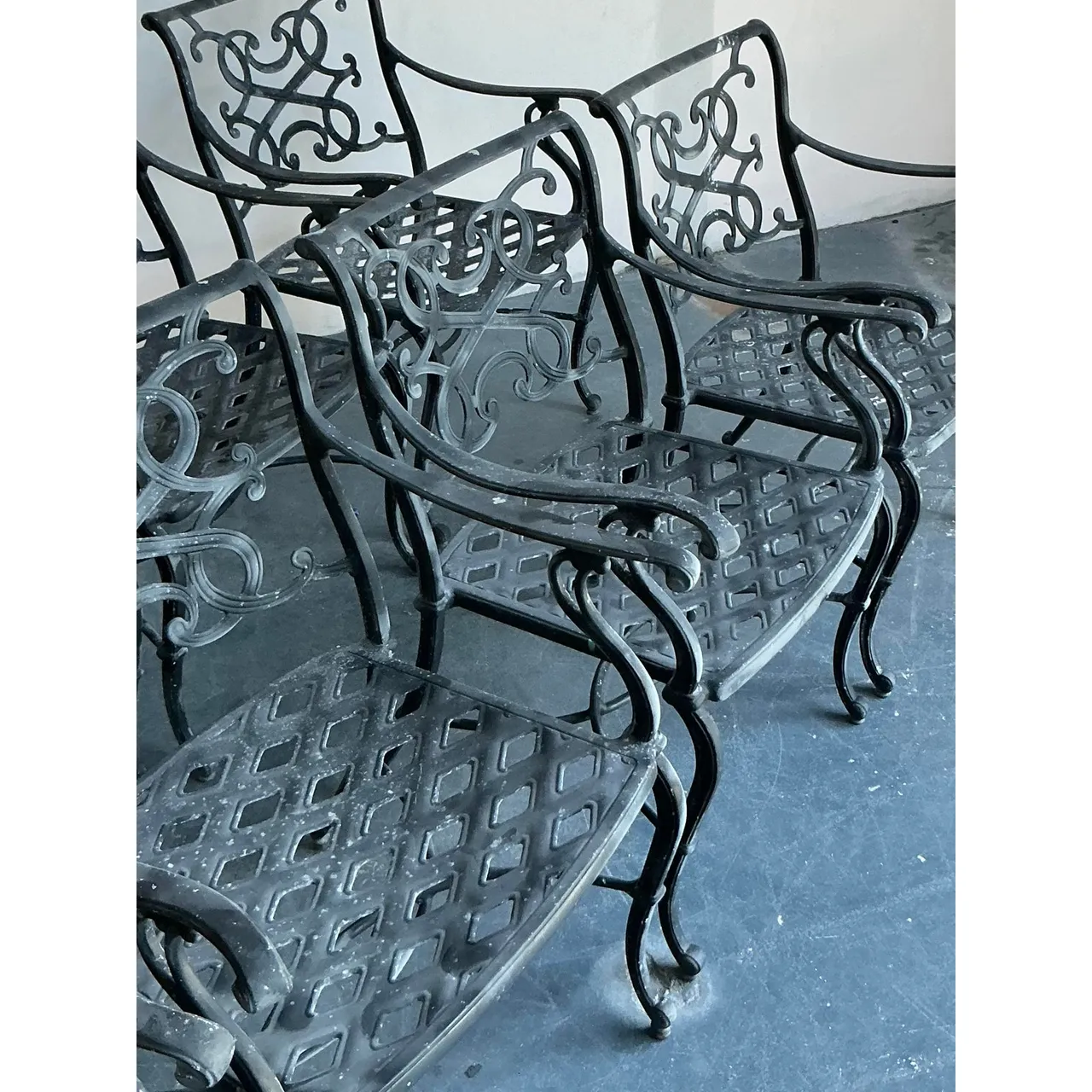 Vintage Regency Cast Aluminum Scroll Dining Chairs - Set of 8