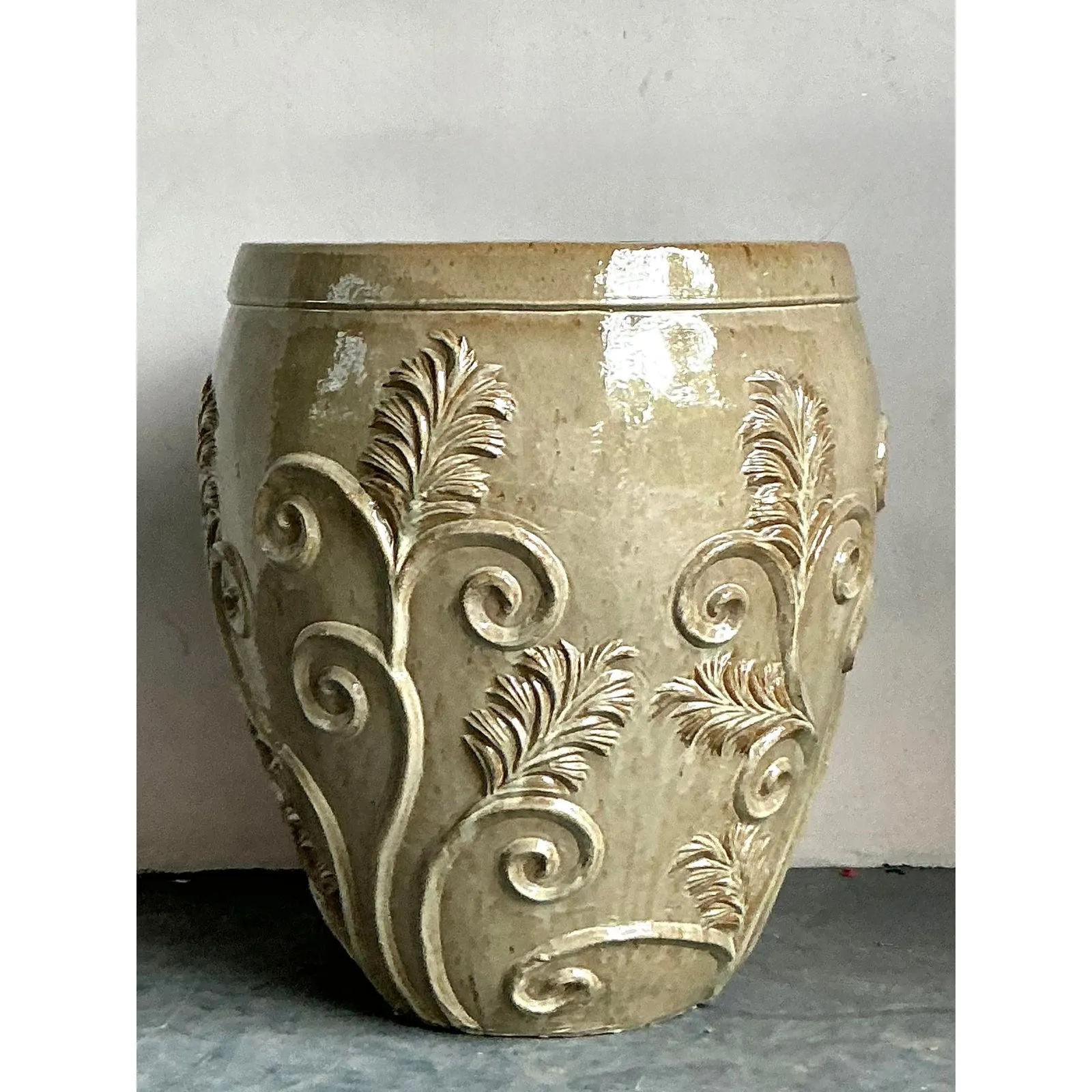 Vintage Boho Monumental Glazed Ceramic Planter — additional photo 1