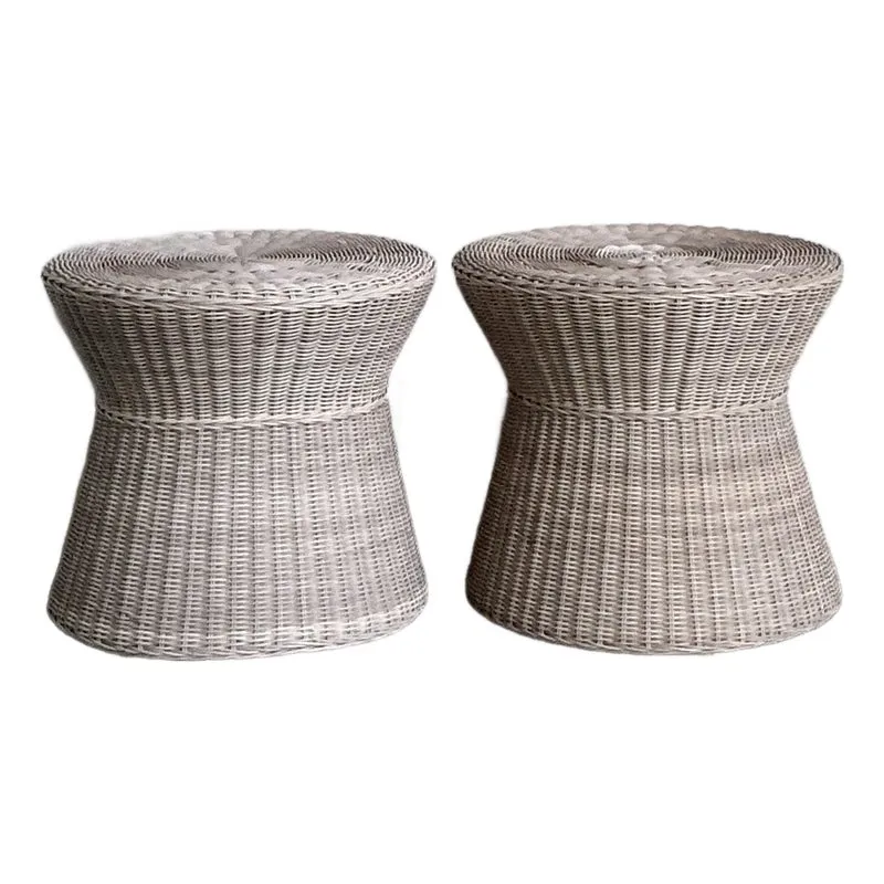 Vintage Coastal Pale Pink Woven Rattan Side Tables - A Pair — additional photo 1